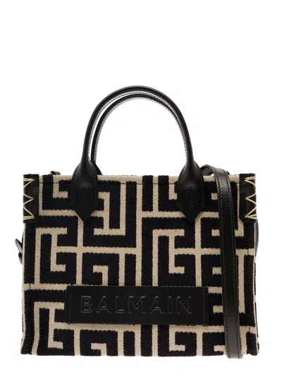 BALMAIN B-ARMY BLACK AND WHITE TOTE BAG WITH LOGO PATCH AND MONOGRAM IN CANVAS WOMAN