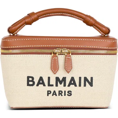 Balmain Structured Canvas Bag With Leather Handle And Logo In Neutral