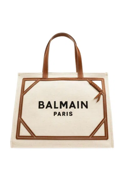 Balmain B-army Logo-embroidered Top Handle Bag In Beige