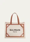 Balmain B Army Medium Shopper Tote Bag In Canvas With Leather Handles In Brown