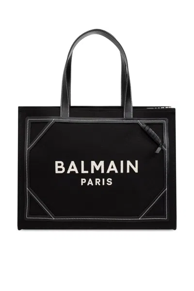 Balmain B-army Medium Shopper In Black And White Canvas And Leather In Ivoirenoir
