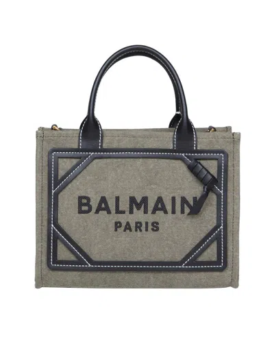 Balmain B-army Shopper Bag In Canvas With Logo In Military Green