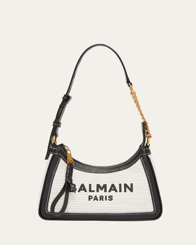 Balmain B-army Shoulder Bag In Raffia And Leather In Kaki/noir