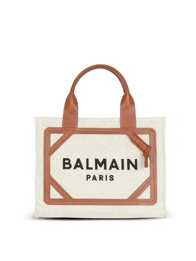 Balmain B Army Medium Shopper Tote Bag In Canvas With Leather Handles In Beige