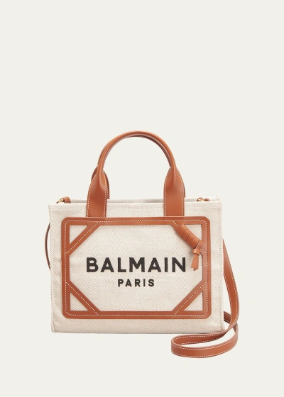 Balmain B Army Small Shopper Tote Bag In Canvas With Leather Handles In Beige