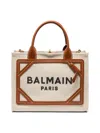 Balmain B-army Small Canvas Shopping Bag With Leather Inserts In Brown