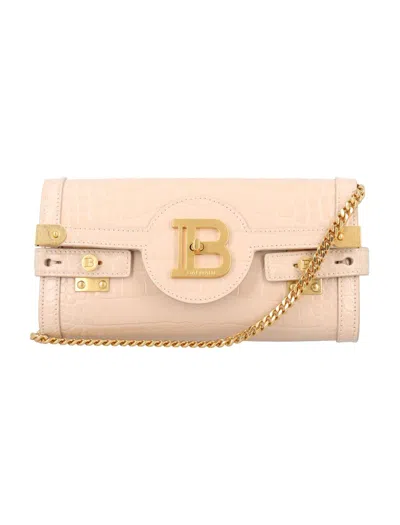 Balmain B-buzz 23 Croc-embossed Leather Clutch In Beige