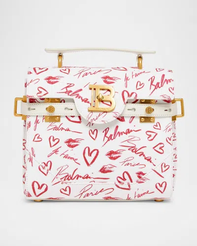 Balmain B-buzz 23 Top-handle Bag In Lipstick-print Canvas In Creme/rouge Red
