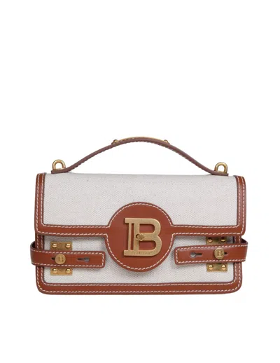 Balmain B-buzz 24 Handbag In Leather And Canvas In Naturel/marron