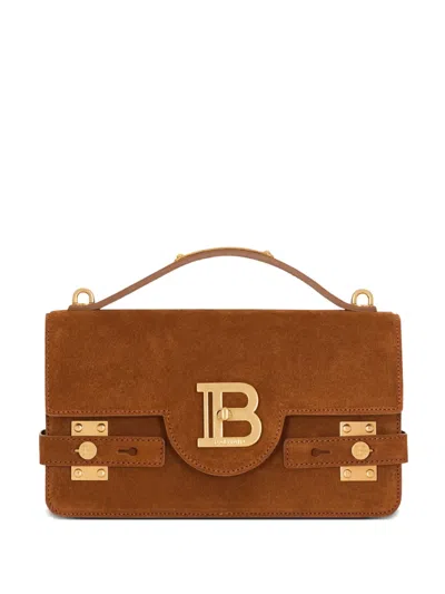 Balmain B-buzz 24 Suede Shoulder Bag In Brown