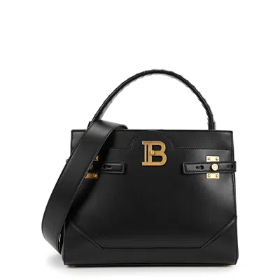 Balmain B-buzz Black Leather Top Handle Bag In Burgundy