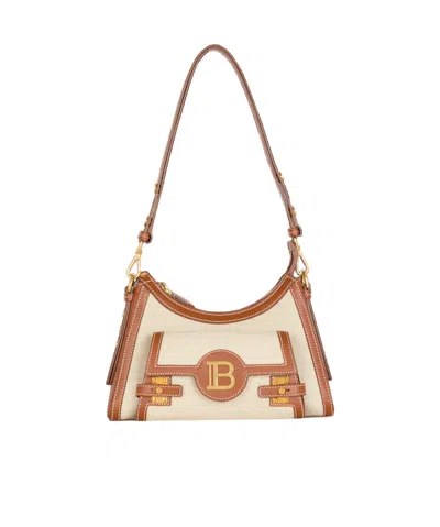 Balmain B-buzz Canvas Shoulder Bag In Nude
