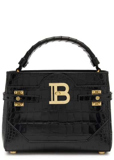 Balmain B-buzz Crocodile-effect Leather Top Handle Bag In Black