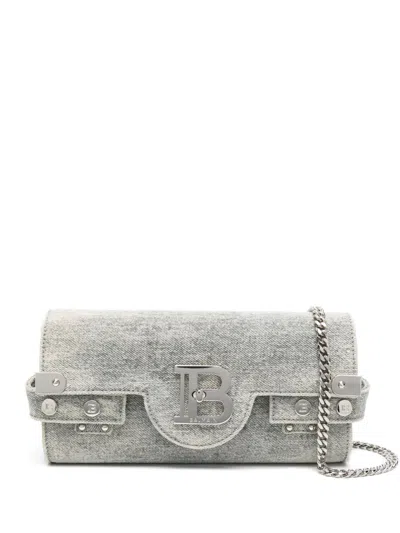 Balmain B-buzz Denim Shoulder Bag In Gray