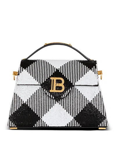 Balmain B-buzz Dynasty Monogram Black & White Beaded Box Handbag In Black/white