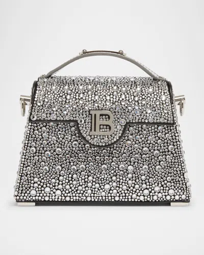 Balmain B Buzz Dynasty Small Top-handle Bag In Strass Suede And Leather In Gray