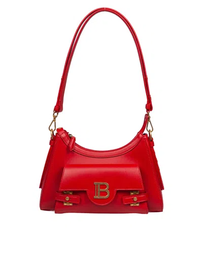 Balmain B-buzz Hobo Leather Shoulder Bag Red Color In Rouge