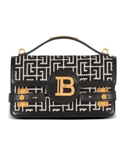 Balmain B-buzz Shoulder 24 Bag In Calfskin And Pb Jacquard Canvas In Black