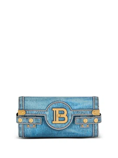 Balmain B-buzz Pouch 23-denim Printed Canvas In Bleujean