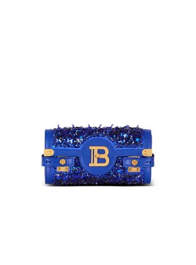 Balmain B-buzz Pouch 23 In Leather And Embroidered Satin In Blue