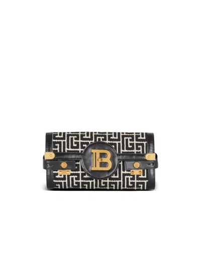 Balmain B-buzz Pouch 23 In Monogrammed Jacquard Canvas And Leather In Black