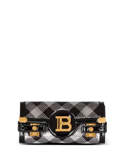Balmain B-buzz Pouch 23 With Gingham Sequins And Patent Leather In Black