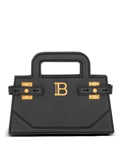 Balmain B-buzz Small Monogram Grained Leather Handbag In Black