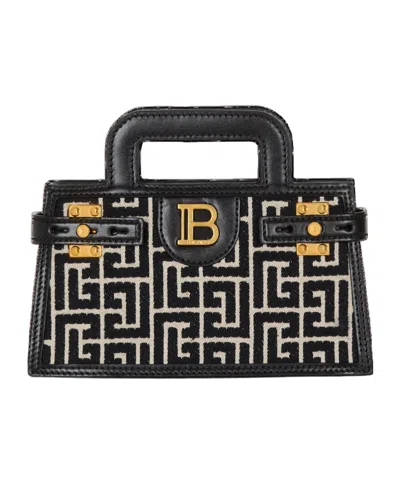 Balmain B-buzz Small Top Handle Monogrammed Canvas And Leather Bag