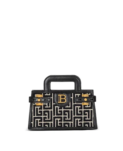 Balmain B-buzz Small Top Handle Monogrammed Canvas And Leather Bag In Black