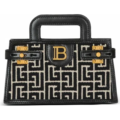 Balmain B-buzz Small Top Handle Monogrammed Canvas And Leather Bag In Black