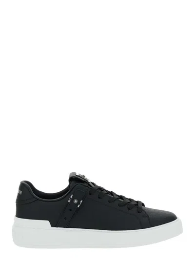 Balmain 'b-court B-buzz' Black Low Sneakers With Diamond Motif And Logo Patch On The Tongue In Leather Man