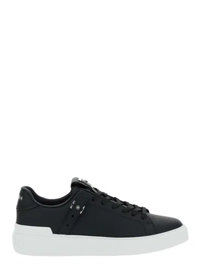 BALMAIN 'B-COURT B-BUZZ' BLACK LOW SNEAKERS WITH DIAMOND MOTIF AND LOGO PATCH ON THE TONGUE IN LEATHER MAN