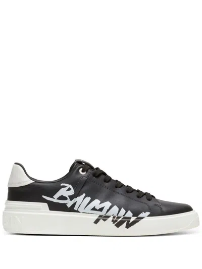 Balmain B-court Leather Logo Low Top Sneakers In Black