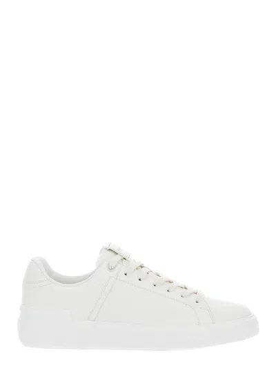 BALMAIN B-COURT WHITE LOW TOP SNEAKERS WITH LOGO PATCH IN LEATHER MAN