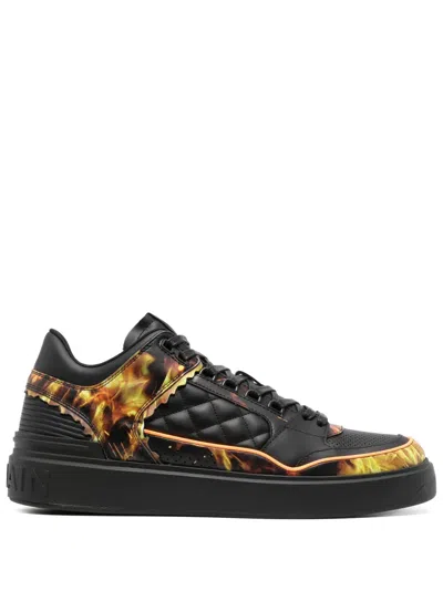 Balmain B-court Flame-print Leather Sneakers In Black