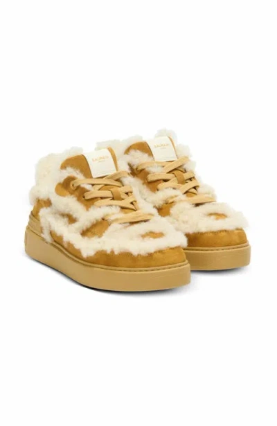 Balmain B-court Flip Shearling Trainers In Brown