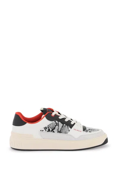 Balmain B-court Flip Sneakers In Python-effect Leather In Gris Rouge Vif (white)