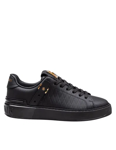 Balmain B-court Leather Sneakers With Diamond Embossing In Noir