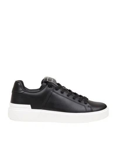 Balmain B Court Sneakers In Black Calfskin In White