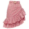 Balmain B Logo Buckle Gingham Ruffled Cottage Skirt In Red