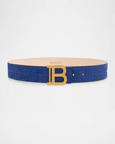 Balmain B Logo Embossed Suede & Leather Belt In 6bo Bleu Nuit