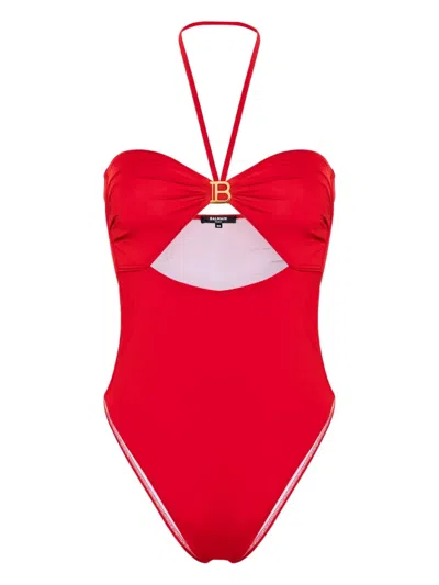Balmain B-plaque Halterneck Swimsuit In Red