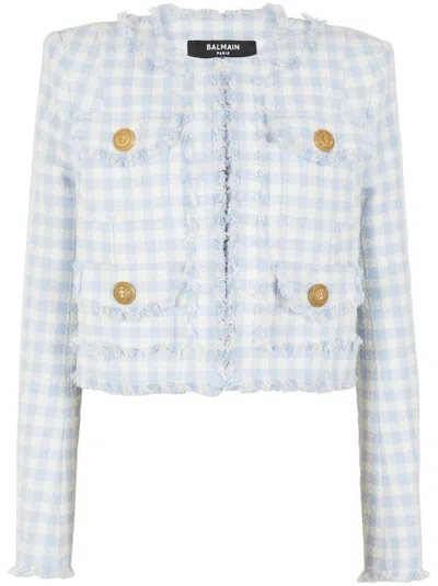 Balmain Baby Blue And White Gingham Tweed Jacket For Women