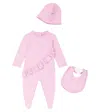 Balmain Baby Cotton Onesie, Beanie And Bib Set In Purple