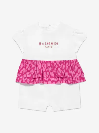 Balmain Baby Girls Leopard Ruffle Romper In White