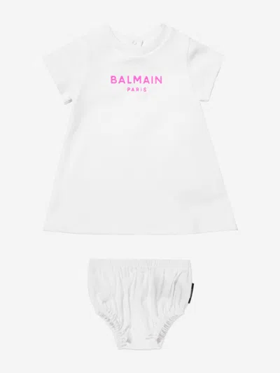 Balmain Babies' Logo贴花棉t恤式连衣裙套装 In White