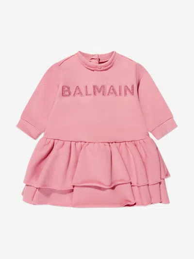 Balmain Kids' Logo-embroidered Tiered Dress In Pink