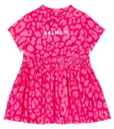 Balmain Baby Leopard-print Cotton Dress In Ciclamino/rosa