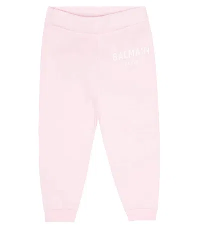 Balmain Baby Logo Cotton Sweatpants In Rosa/bianco