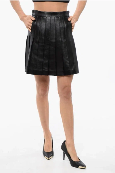 Balmain Back Zipped Leather Pleated Miniskirt In Black